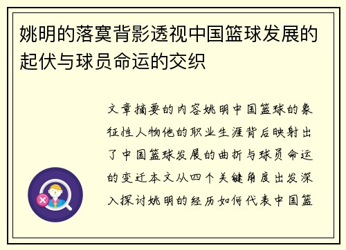 姚明的落寞背影透视中国篮球发展的起伏与球员命运的交织